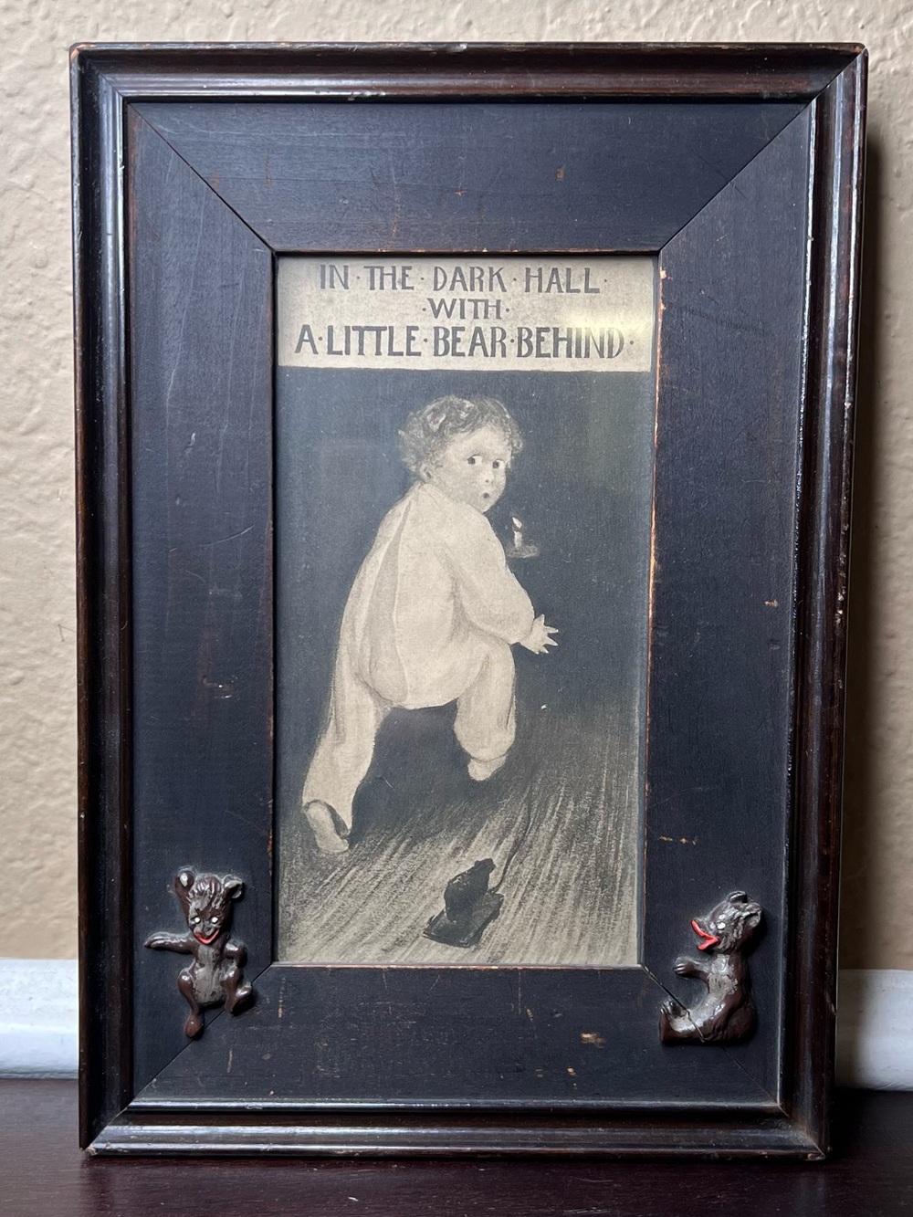 Antique 1905 D.C. Brush Nursery Print in Original Bear Frame, Gothic Nursery